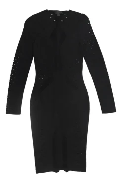 Black rayon-blend drop-stitch pointelle knit long sleeve sheath dress