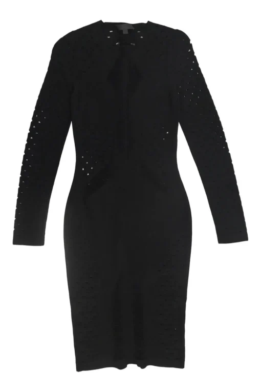 Black rayon-blend drop-stitch pointelle knit long sleeve sheath dress