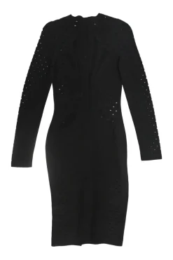 Black rayon-blend drop-stitch pointelle knit long sleeve sheath dress