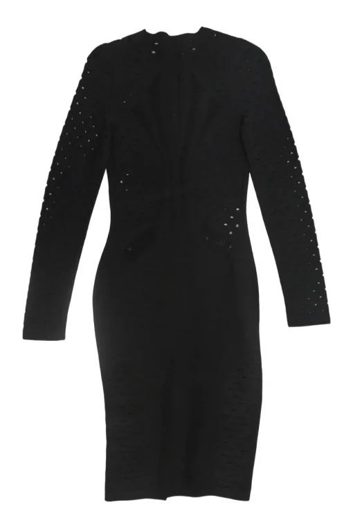 Black rayon-blend drop-stitch pointelle knit long sleeve sheath dress