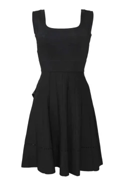 Black rayon-blend fully-fashioned sleeveless mini skater dress with pointelle hem