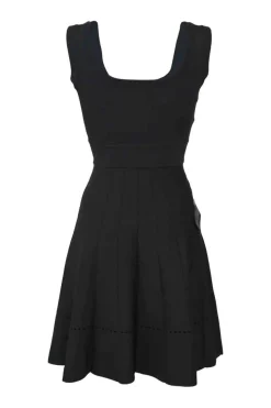 Black rayon-blend fully-fashioned sleeveless mini skater dress with pointelle hem