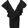 Black rayon-blend plunge neck flutter sleeve Jackson mini dress
