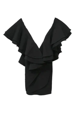 Black rayon-blend plunge neck flutter sleeve Jackson mini dress