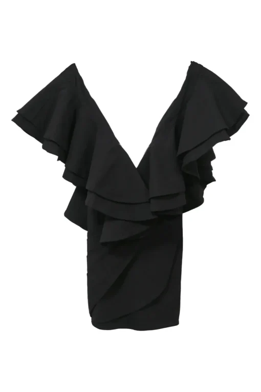 Black rayon-blend plunge neck flutter sleeve Jackson mini dress