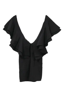Black rayon-blend plunge neck flutter sleeve Jackson mini dress