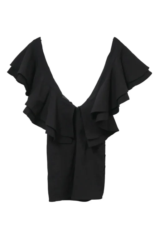 Black rayon-blend plunge neck flutter sleeve Jackson mini dress