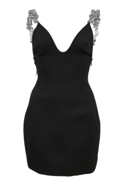 Black rayon-blend ponte jersey Grape Cluster mini dress featuring silver-tone baubles and plunging neckline