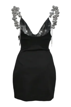 Black rayon-blend ponte jersey Grape Cluster mini dress featuring silver-tone baubles and plunging neckline