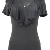 Black rayon-blend scoop neck flutter sleeve pullover top with cascade ruffle neckline