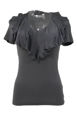 Black rayon-blend scoop neck flutter sleeve pullover top with cascade ruffle neckline