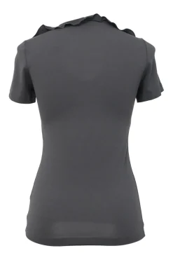 Black rayon-blend scoop neck flutter sleeve pullover top with cascade ruffle neckline