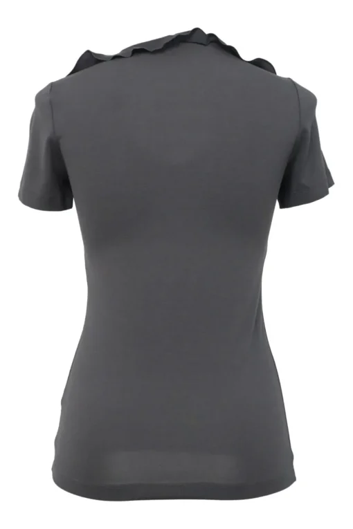 Black rayon-blend scoop neck flutter sleeve pullover top with cascade ruffle neckline