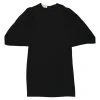 Black rayon-blend shift with oversized gathered tulip sleeve