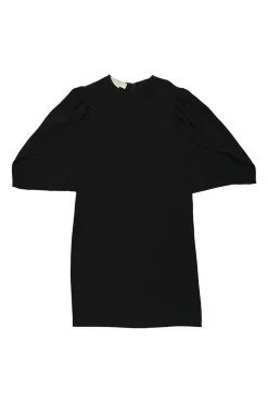 Black rayon-blend shift with oversized gathered tulip sleeve