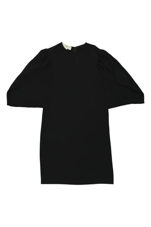 Black rayon-blend shift with oversized gathered tulip sleeve
