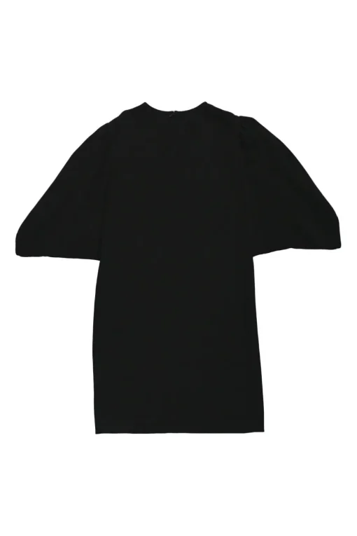 Black rayon-blend shift with oversized gathered tulip sleeve