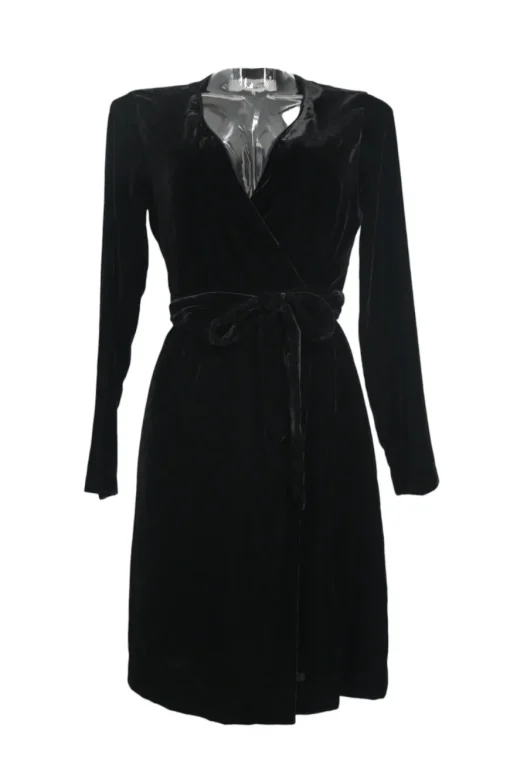 Black rayon-blend velvet long sleeve wrap A-line mini dress with self-tie fastening at waist