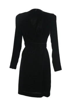 Black rayon-blend velvet long sleeve wrap A-line mini dress with self-tie fastening at waist