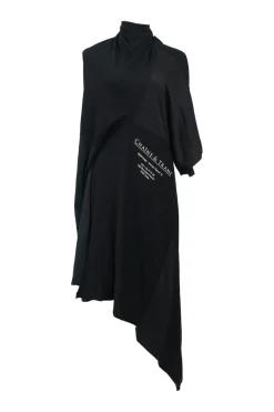 Black reworked cotton bias-cut funnel collar dolman sleeve asymmetric handkerchief midi deadstock T-Shirt dress