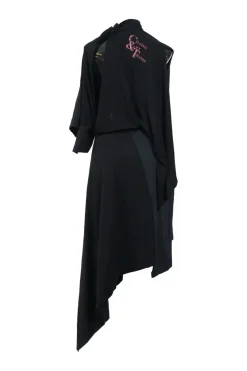 Black reworked cotton bias-cut funnel collar dolman sleeve asymmetric handkerchief midi deadstock T-Shirt dress