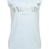 Black screen-printed cotton jersey knit tank top featuring foiled logo motif and coat of arms shank buttons