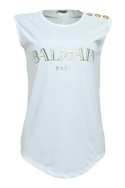 Black screen-printed cotton jersey knit tank top featuring foiled logo motif and coat of arms shank buttons