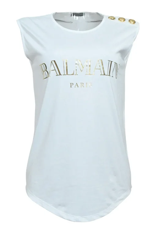 Black screen-printed cotton jersey knit tank top featuring foiled logo motif and coat of arms shank buttons