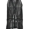 Black semi-sheer cotton-silk blend stripe jacquard draped shawl collar button-front gilet with criss-cross back