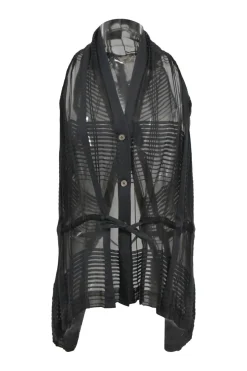 Black semi-sheer cotton-silk blend stripe jacquard draped shawl collar button-front gilet with criss-cross back