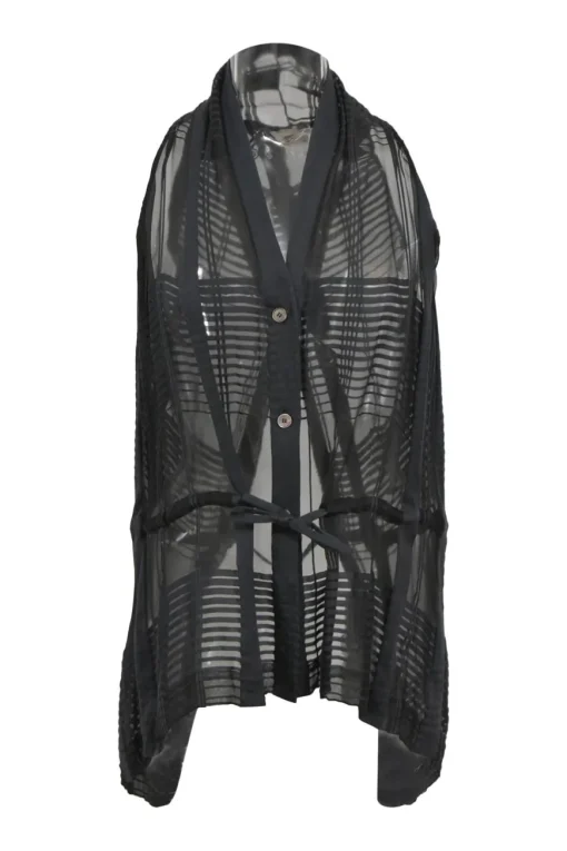 Black semi-sheer cotton-silk blend stripe jacquard draped shawl collar button-front gilet with criss-cross back