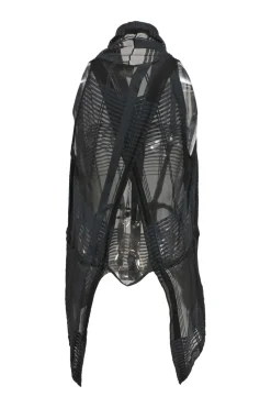 Black semi-sheer cotton-silk blend stripe jacquard draped shawl collar button-front gilet with criss-cross back
