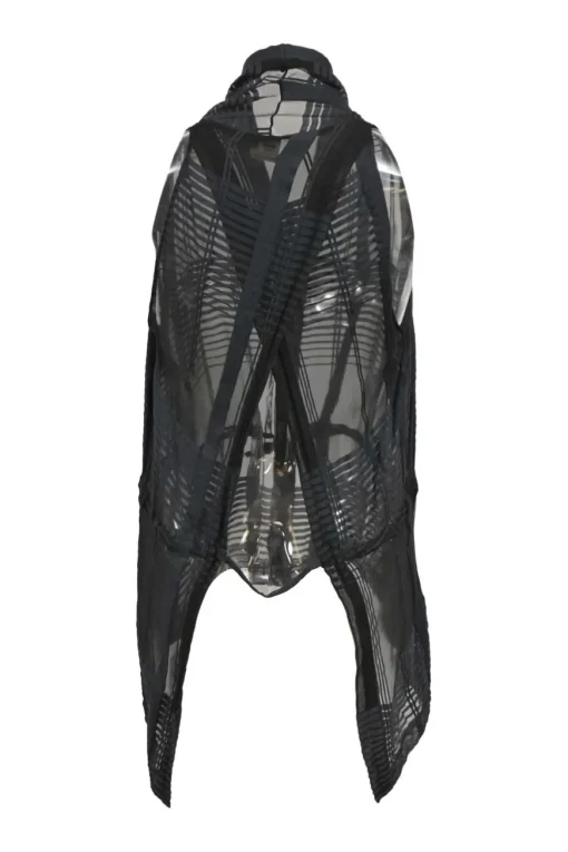 Black semi-sheer cotton-silk blend stripe jacquard draped shawl collar button-front gilet with criss-cross back