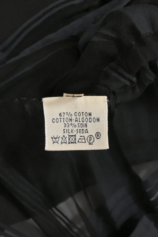 Black semi-sheer cotton-silk blend stripe jacquard draped shawl collar button-front gilet with criss-cross back