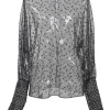 Black semi-sheer embroidered polyamide tulle pullover blouse with smocked bishop sleeves and keyhole back
