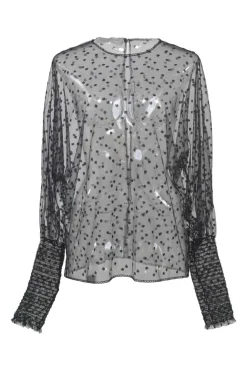 Black semi-sheer embroidered polyamide tulle pullover blouse with smocked bishop sleeves and keyhole back