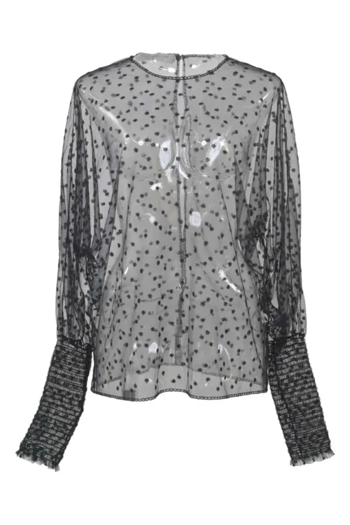 Black semi-sheer embroidered polyamide tulle pullover blouse with smocked bishop sleeves and keyhole back