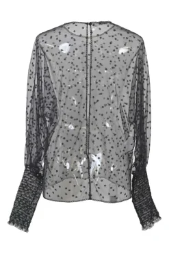 Black semi-sheer embroidered polyamide tulle pullover blouse with smocked bishop sleeves and keyhole back