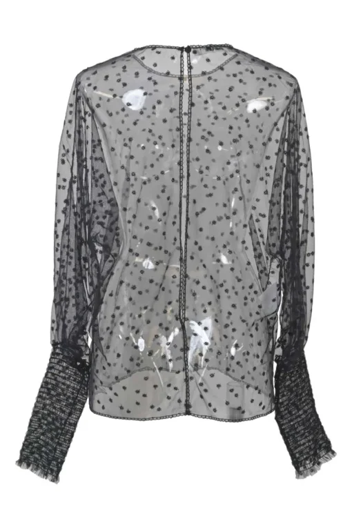 Black semi-sheer embroidered polyamide tulle pullover blouse with smocked bishop sleeves and keyhole back
