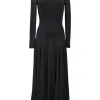 Black semi-sheer polyester turtleneck jersey knit midi dress
