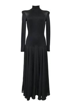 Black semi-sheer polyester turtleneck jersey knit midi dress