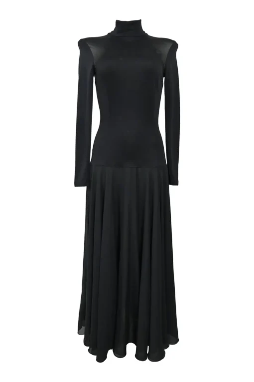 Black semi-sheer polyester turtleneck jersey knit midi dress