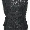 Black semi-sheer polyester floral eyelash lace sweetheart blouse with scalloped hem