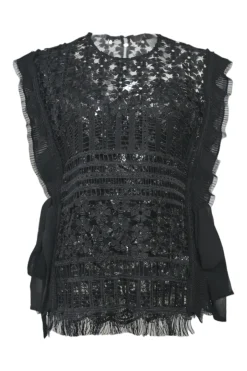 Black semi-sheer polyester floral eyelash lace sweetheart blouse with scalloped hem