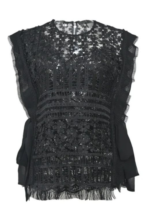 Black semi-sheer polyester floral eyelash lace sweetheart blouse with scalloped hem
