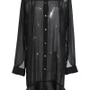 Black semi-sheer polyester georgette band collar button-front shirtdress with leather ruffle hem