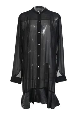 Black semi-sheer polyester georgette band collar button-front shirtdress with leather ruffle hem