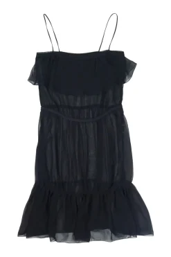 Black semi-sheer polyester georgette tiered blouson slip dress with fixed spaghetti straps