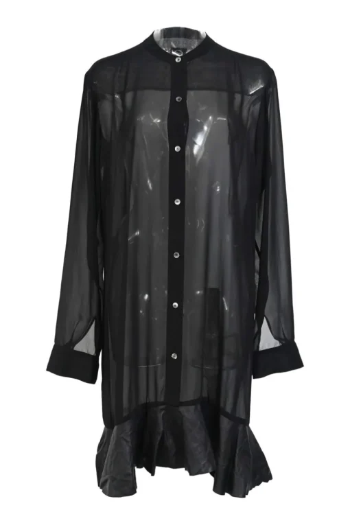 Black semi-sheer polyester georgette band collar button-front shirtdress with leather ruffle hem