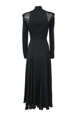 Black semi-sheer polyester turtleneck jersey knit midi dress